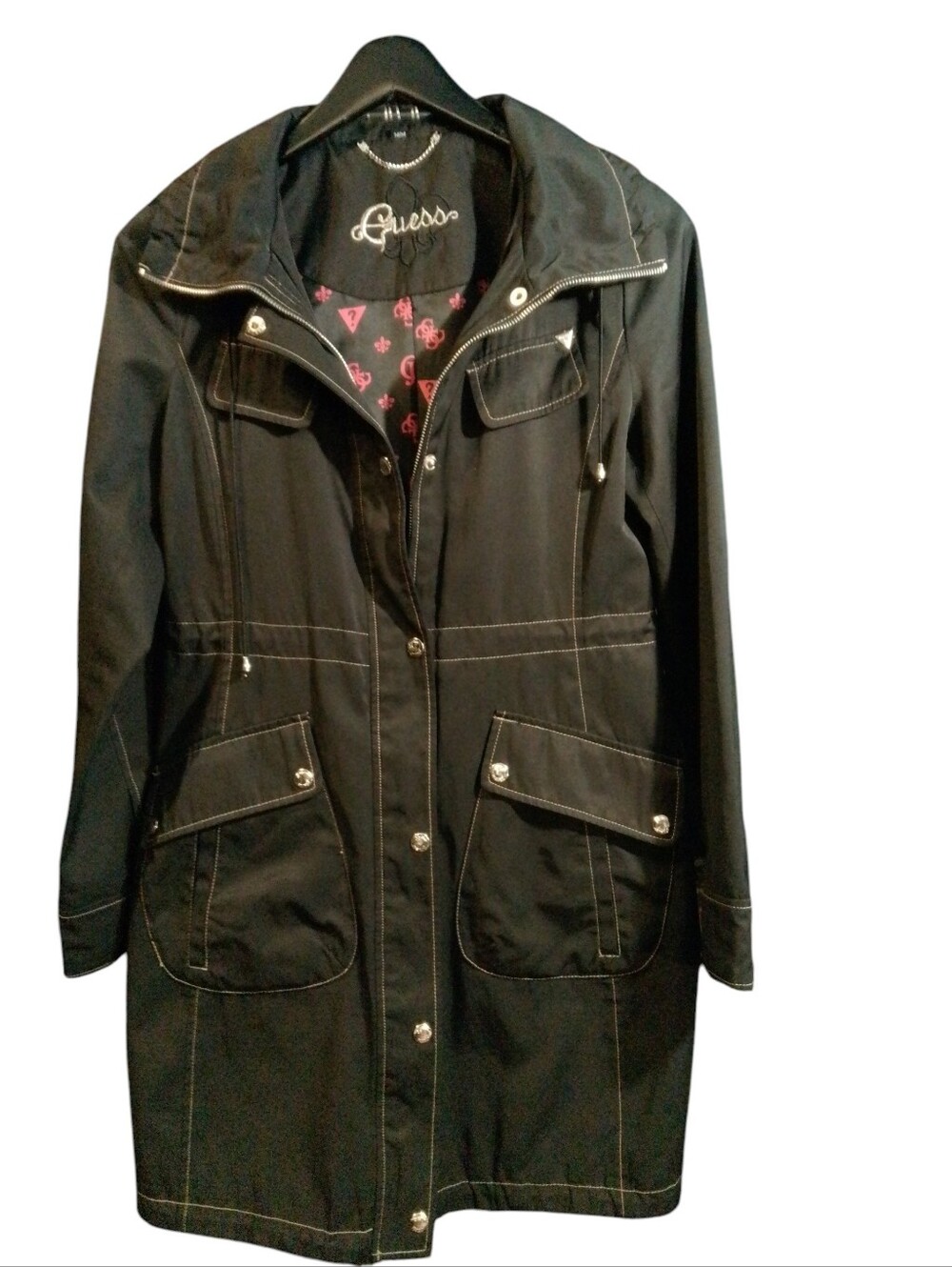 Guess Women’s Black Utility Trench Coat Jacket with Monogram Lining - Picture 9 of 9